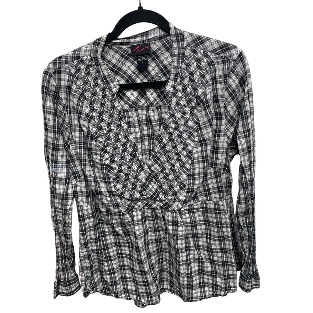 Torrid Womens Top 1x Metallic Plaid Tuck Shirt Blouse roll tab sleeve